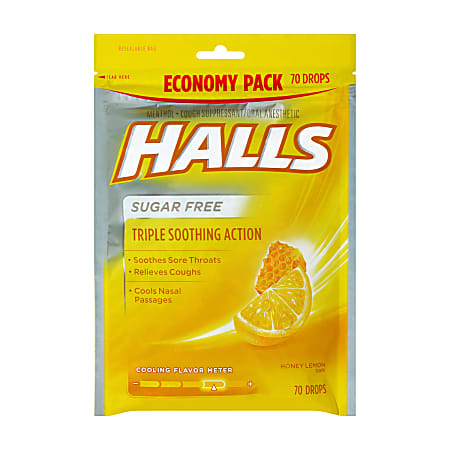 Halls Sugar-Free Honey Lemon Cough Drops, 70 Drops Per Bag, Pack Of 2 Bags