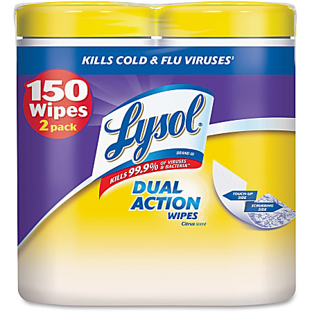 Lysol Dual Action Cleaning Wipes - Wipe - Citrus Scent - 75 / Canister - 6 / Carton - White
