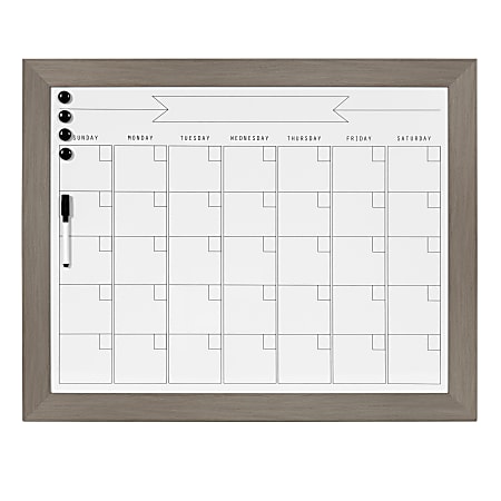 DesignOvations Beatrice Magnetic Framed Dry-Erase Monthly Calendar, Melamine, 23" x 29", White, Gray Plastic Frame
