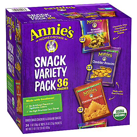 Annie's Organic Bunny Snacks Variety Pack, 1 Oz, Pack Of 36 Bags