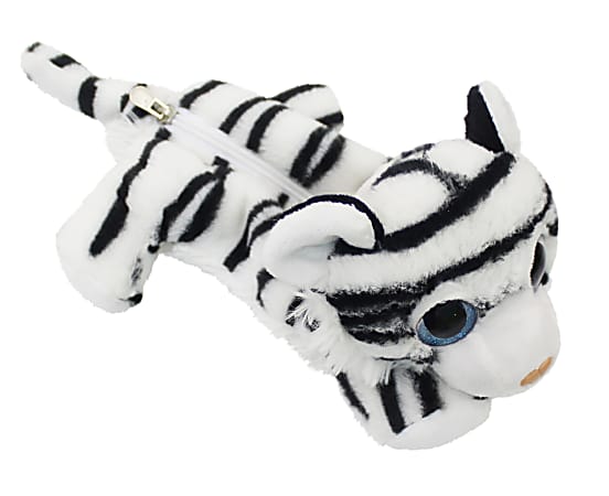 Office Depot® Brand Plush Animal Pencil Pouch, 4" x 11", Black/White Tiger