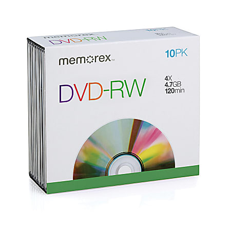 Memorex® DVD-RW Rewritable Media With Slim Jewel Cases, 4.7GB/120 Minutes, Pack Of 10