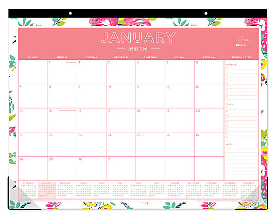 Day Designer for Blue Sky™ Monthly Desk Pad Calendar, 22" x 17", 50% Recycled, Peyton White, January to December 2018 (BLS103631)