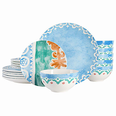Spice by Tia Mowry Savory Saffron 18-Piece Round Fine Ceramic Dinnerware Set, Golden Blue