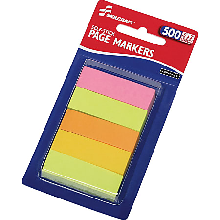 SKILCRAFT Self-stick Page Markers - 1/2" x 2" - Assorted Neon - Self-stick, Self-adhesive, Durable, Writable - 500 / Pack - Recycled - TAA Compliant