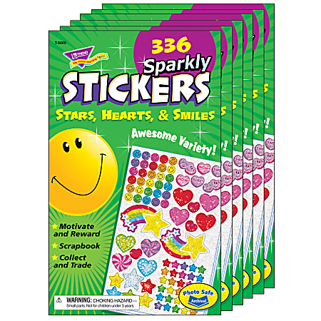 Trend Sticker Pads, Sparkly Stars, Hearts & Smiles, 336 Stickers Per Pad, Pack Of 6 Pads