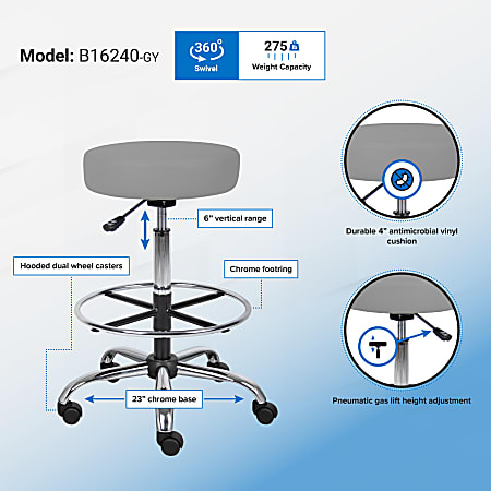 Boss Office Products Medical Drafting Stool Caressoft Vinyl Gray