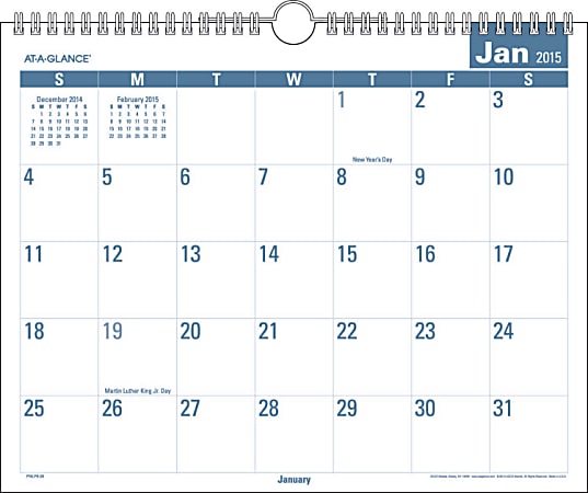 AT-A-GLANCE® Monthly Wall Calendar, 12" x 15", 30% Recycled, Easy-Read, Blue Gray, January-December 2015