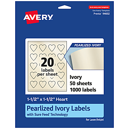 Avery® Pearlized Permanent Labels With Sure Feed®, 94602-PIP50, Heart, 1-1/2" x 1-1/2", Ivory, Pack Of 1,000 Labels