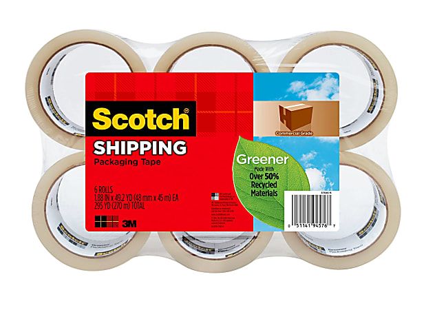 Scotch® Greener Commercial Grade Packing Tape, 6 Tape Rolls, 1 7/8 in x 49.2 yd, 1" Core, Designed  - 3750G6
