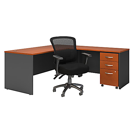 Bush Business Furniture Components 72"W L-Shaped Desk With Mobile File Cabinet And Mid-Back Multifunction Office Chair, Auburn Maple/Graphite Gray, Premium Installation