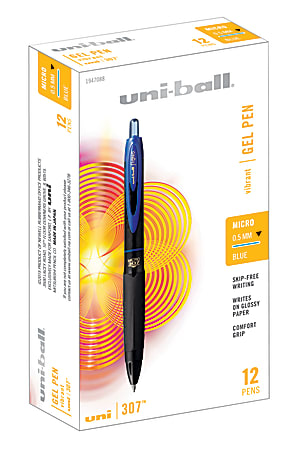 uni-ball® 307™ Gel Pens, Microtip Point, 0.5 mm, Black Barrel, Blue Ink, Pack Of 12