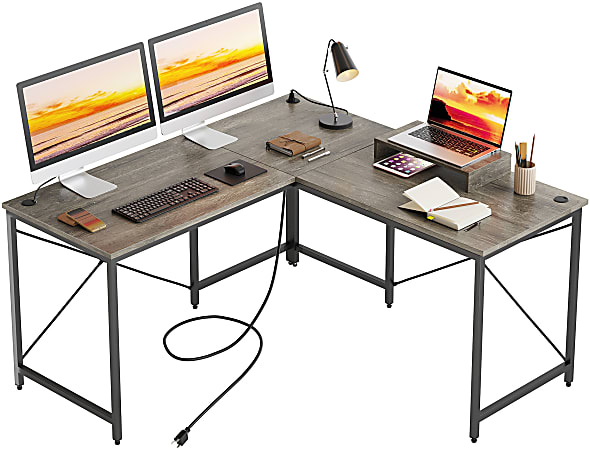 Bestier 60"W L-Shaped Corner Computer Desk With Monitor Stand & 3 Cable Holes, USB Socket, Dark Retro Gray Oak