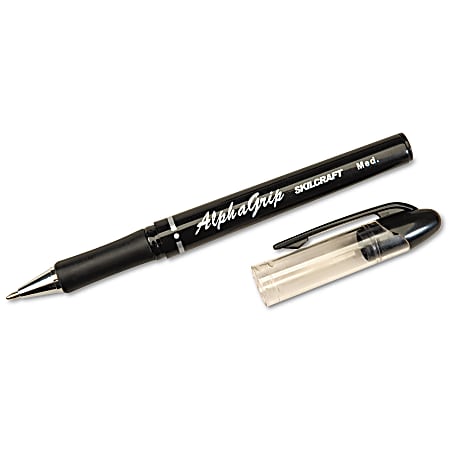 SKILCRAFT® Alphagrip Ballpoint Pens, Medium Point, Black Barrel, Black Ink, Pack Of 12