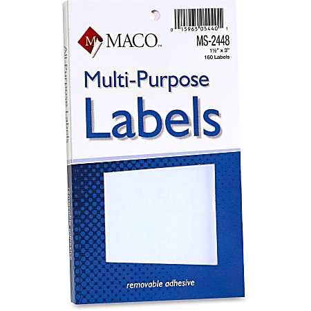MACO® White Multi-Purpose Labels, MACMS2448, Removable Adhesive, 1 1/2"W x 3"L, Rectangle, White, 160 Per Pack