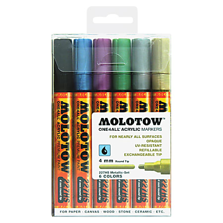 MOLOTOW One4All 4mm Acrylic Markers Metallic Set - 4 mm Marker Point Size - Round Marker Point Style - Refillable - Metallic Black, Metallic Blue, Metallic Pink, Metallic Silver, Metallic Gold, Metallic Light Green - 6 / Set