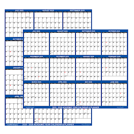 2025-2026 SwiftGlimpse Academic Erasable Monthly Wall Calendar, 24" x 36", White/Navy, July 2025 To June 2026
