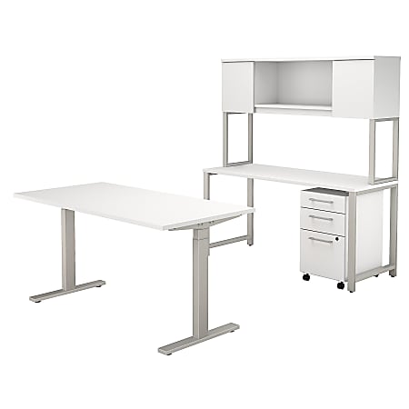 Bush Business Furniture 400 Series 60"W x 30"D Height Adjustable Standing Desk with Credenza, Hutch and Storage, White, Premium Installation