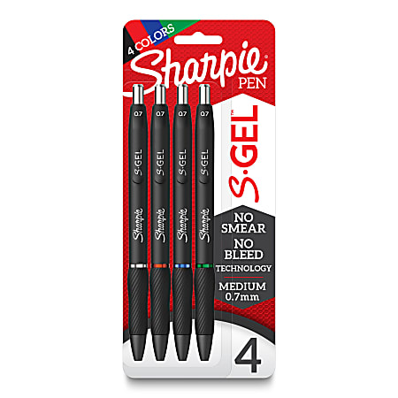 Sharpie® S Gel 0.7mm Pens, Medium Point, Black Barrel, Assorted Ink, Pack Of 4 Pens