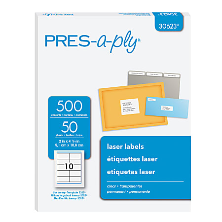 PRES-a-ply PRES-a-ply Labels for Laser and Inkjet Printers - 4 1/5" Width x 2" Length - Rectangle - Laser - Clear - 500 / Box