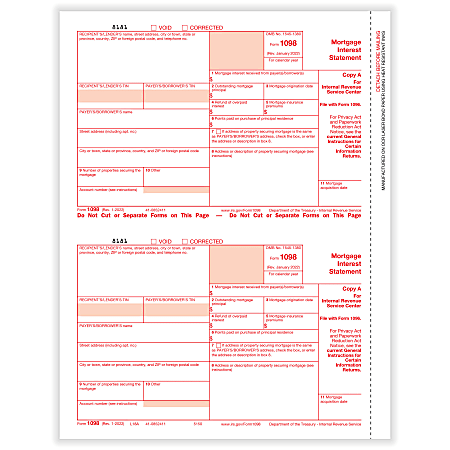 ComplyRight® 1098 Tax Forms, 2-Up, Federal Copy A, Laser, 8-1/2" x 11", Pack Of 50 Forms