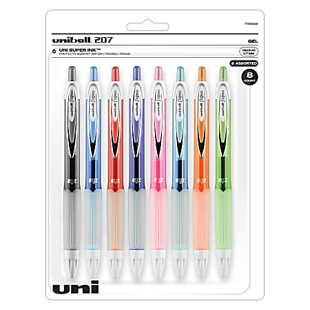 uni-ball® 207™ Retractable Fraud Prevention Gel Pens, Medium Point, 0.7 mm, Assorted Barrels, Assorted Ink Colors, Pack Of 8