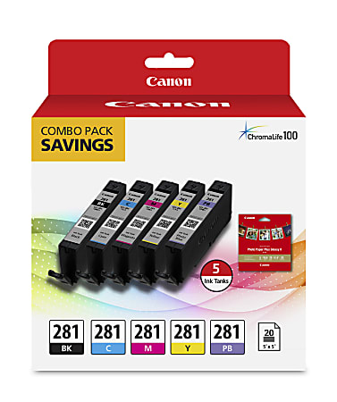 Canon® CLI-281 ChromaLife 100+ Black And Photo Black And Cyan, Magenta, Yellow Ink Tanks With Photo Paper, Pack Of 5, BKCMYPB