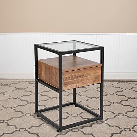 Flash Furniture Rustic Glass Coffee Table, 23-1/2"H x 15-3/4"W x 15-3/4"D, Clear/Black/Wood Grain