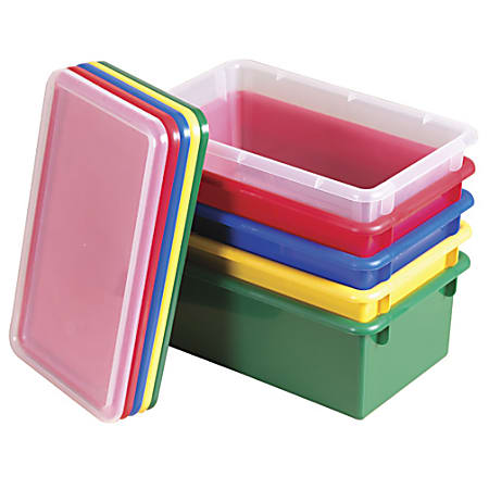ECR4Kids® Stack & Store Bins With Lids, Medium Size, 9" x 14" x 5", Assorted Colors, Pack Of 12