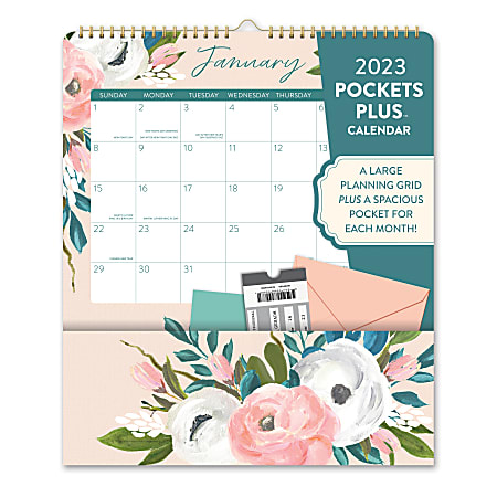 Orange Circle Studio Monthly Pocket Plus Calendar, 13-3/4" x 11-3/4", Bella Flora, January To December 2023