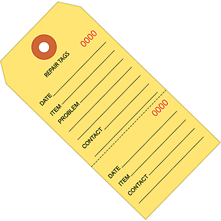 Partners Brand Consecutively Numbered Repair Tags, 6 1/4" x 3 1/8", 100% Recycled, Yellow, Case Of 1,000