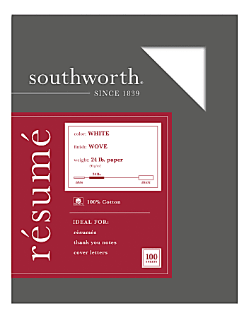 Southworth® 100% Cotton Résumé Paper, 8 1/2" x 11", 24 Lb, 100% Recycled, White, Pack Of 100