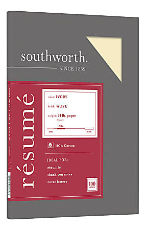 Southworth® 100% Cotton Résumé Paper, 8 1/2" x 11", 24 Lb, 100% Recycled, Ivory, Pack Of 100