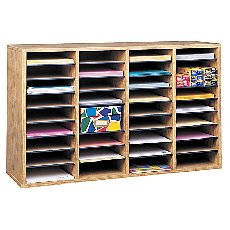 Safco® Adjustable Wood Literature Organizer, 24"H x 39-3/8"W x 11-3/4"D, 36 Compartments, Oak