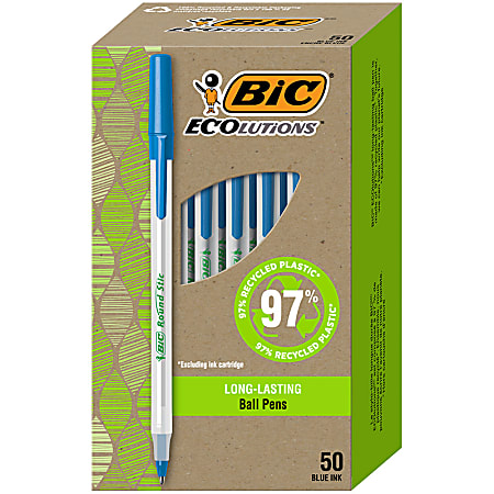 BIC Ecolutions Round Stic Ball Point Pen - Medium Pen Point - 1 mm Pen Point Size - Blue - Semi-transparent Barrel - 10 / Pack