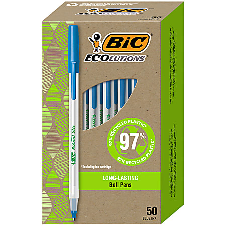 BIC Ecolutions Round Stic Ball Pens, Medium Point, 1.0 mm, 74% Recycled, Translucent Barrel, Blue Ink, Pack Of 50 Pens