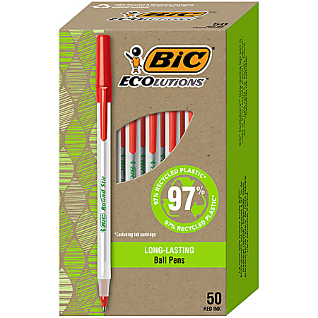BIC Ecolutions Round Stic Ball Pens, Medium Point, 1.0 mm, 74% Recycled, Translucent Barrel, Red Ink, Pack Of 50 Pens