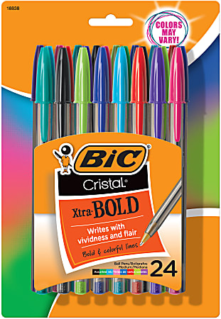 BIC Cristal Xtra Bold Ballpoint Pens, Bold Point, 1.6 mm, Translucent Barrel, Assorted Ink Colors, Pack Of 24 Pens