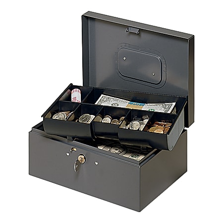 STEELMASTER® Cash Box With Safety Latch, 7 Compartments, 4 3/8"H x 10 1/4"W x 7 1/4"D, Gray