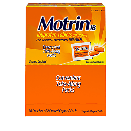 Motrin IB, Ibuprofen 200mg Tablets for Pain &amp; Fever, 2 Tablets per Packet, 50 Packets per Box