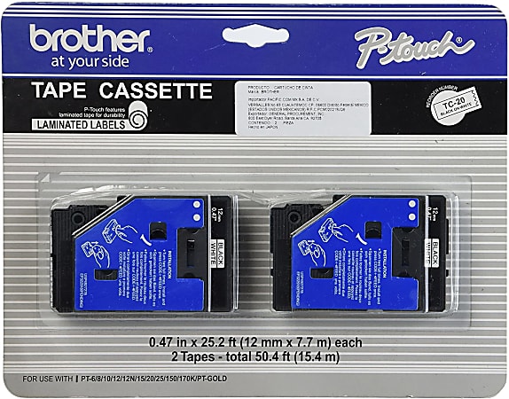 Brother® TC-20 Black-On-White Tapes, 0.5" x 25', Pack Of 2