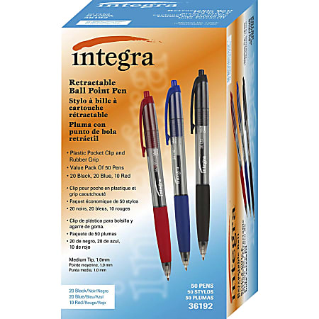 Integra 1.0mm Retractable Ballpoint Pen - Medium Pen Point - 1 mm Pen Point Size - Retractable - Assorted - 50 / Box Integra 1.0mm Retractable Ballpoint Pen - Medium Pen Point - 1 mm Pen Point Size - Retractable - Assorted - 50 / Box