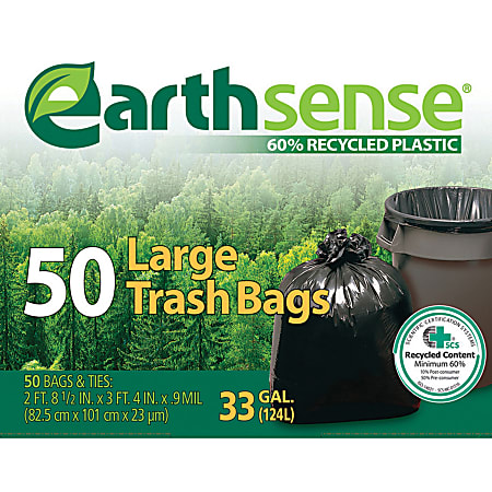 Webster EarthSense 60% Recycled Trash Bags, 33 Gallons, 0.9 Mil Thick, 32 1/2" x 40", Box Of 50