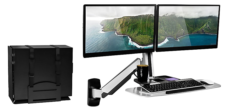 Mount-It! MI-7906 Sit-Stand Dual-Monitor Wall-Mount Workstation With Articulating Keyboard Tray Arm And CPU Holder, 23"H x 36"W x 7-1/2"D, Silver