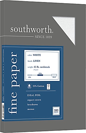 Southworth® 25% Cotton Linen Cover Stock, 8 1/2" x 11", 65 Lb, White, Pack Of 100