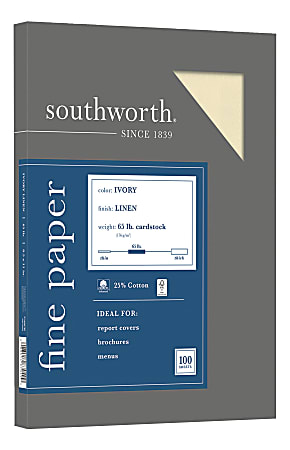 Southworth® 25% Cotton Linen Cover Stock, 8 1/2" x 11", 65 Lb, Ivory, Pack Of 100