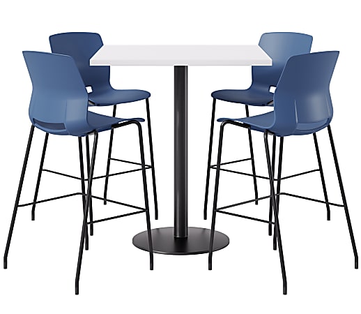 KFI Studios Proof Bistro Square Pedestal Table With Imme Bar Stools, Includes 4 Stools, 43-1/2”H x 36”W x 36”D, Designer White Top/Black Base/Navy Chairs