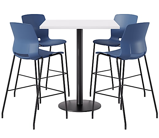 KFI Studios Proof Bistro Square Pedestal Table, Includes 4 Stools, 43-1/2”H x 36”W x 36”D, Designer White Top/Black Base/Navy Chairs - 840031941183