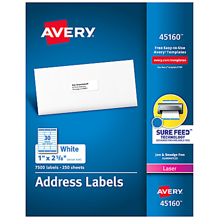 Avery® Laser Address Labels With Sure Feed® Technology, 45160, 1" x 2 5/8", White, Pack Of 7,500