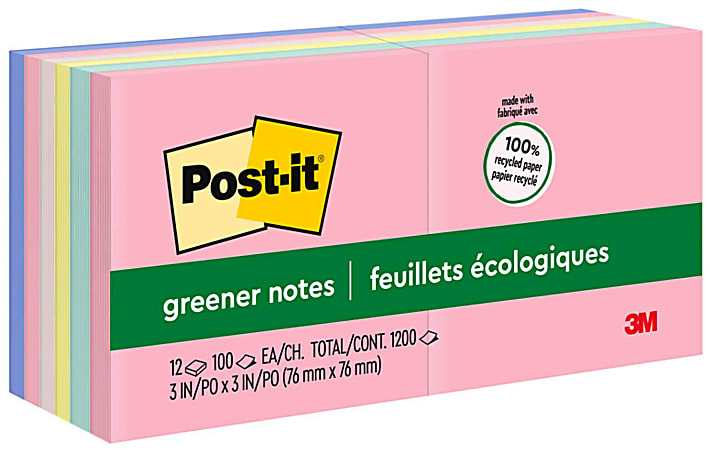 Post-it Greener Notes, 3 in x 3 in, 12 Pads, 100 Sheets/Pad, Clean Removal, Sweet Sprinkles Collection\